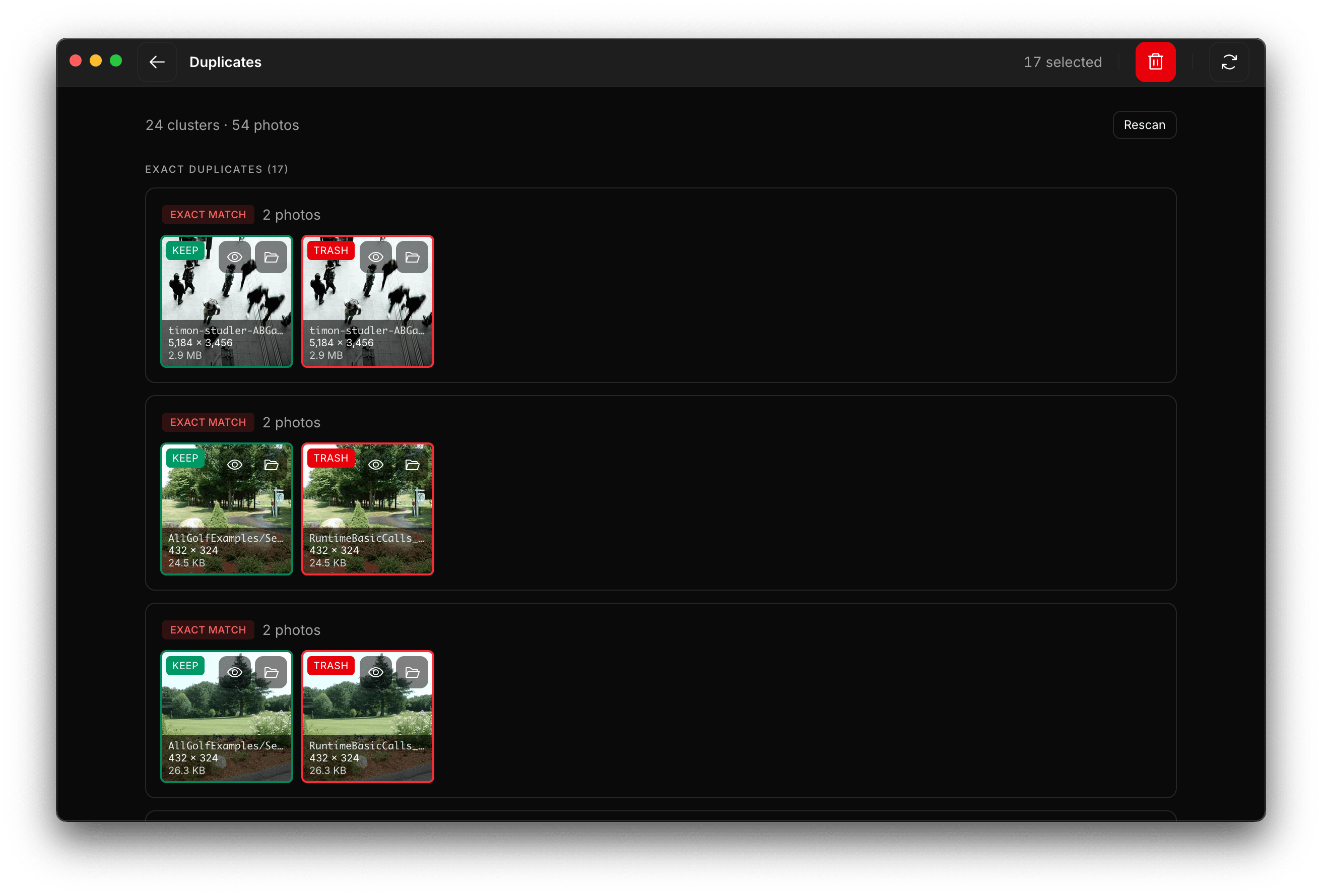 PhotoView Duplicates view with exact-match clusters and KEEP/TRASH controls