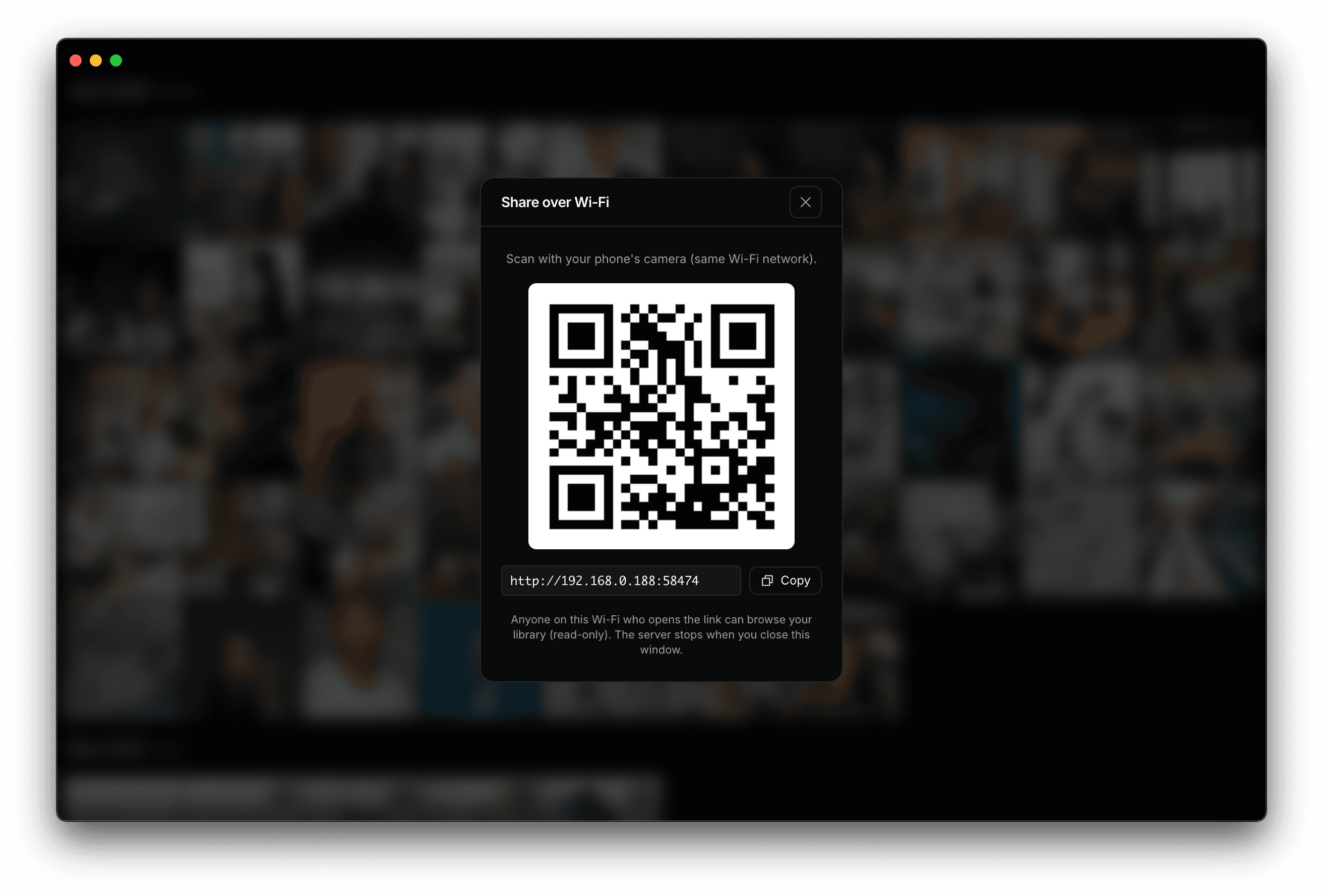 PhotoView Share over Wi-Fi dialog with QR code